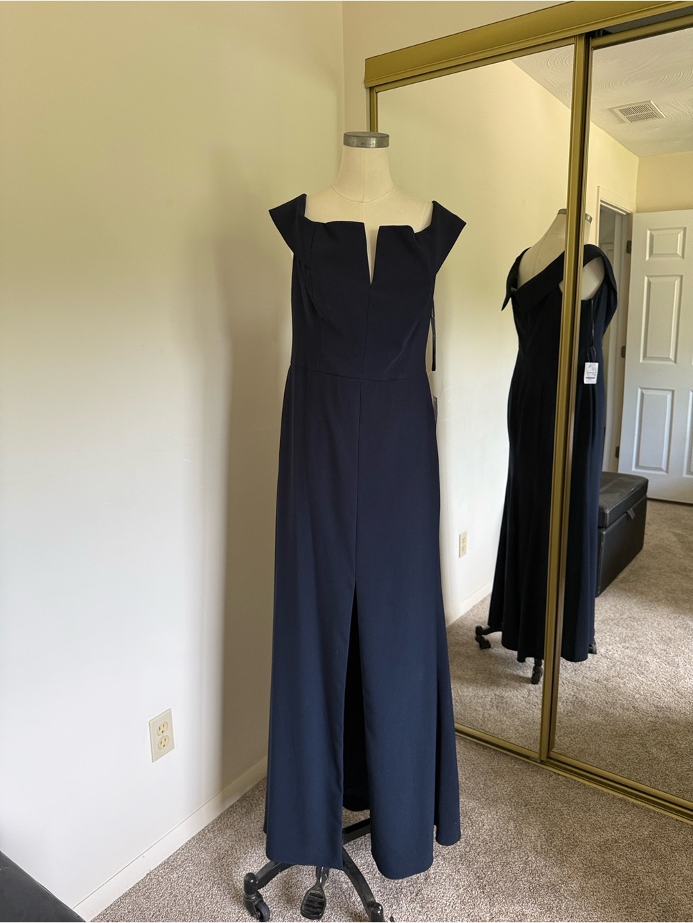 Dessy Collection Navy Off-Shoulder Evening Gown with Front Slit